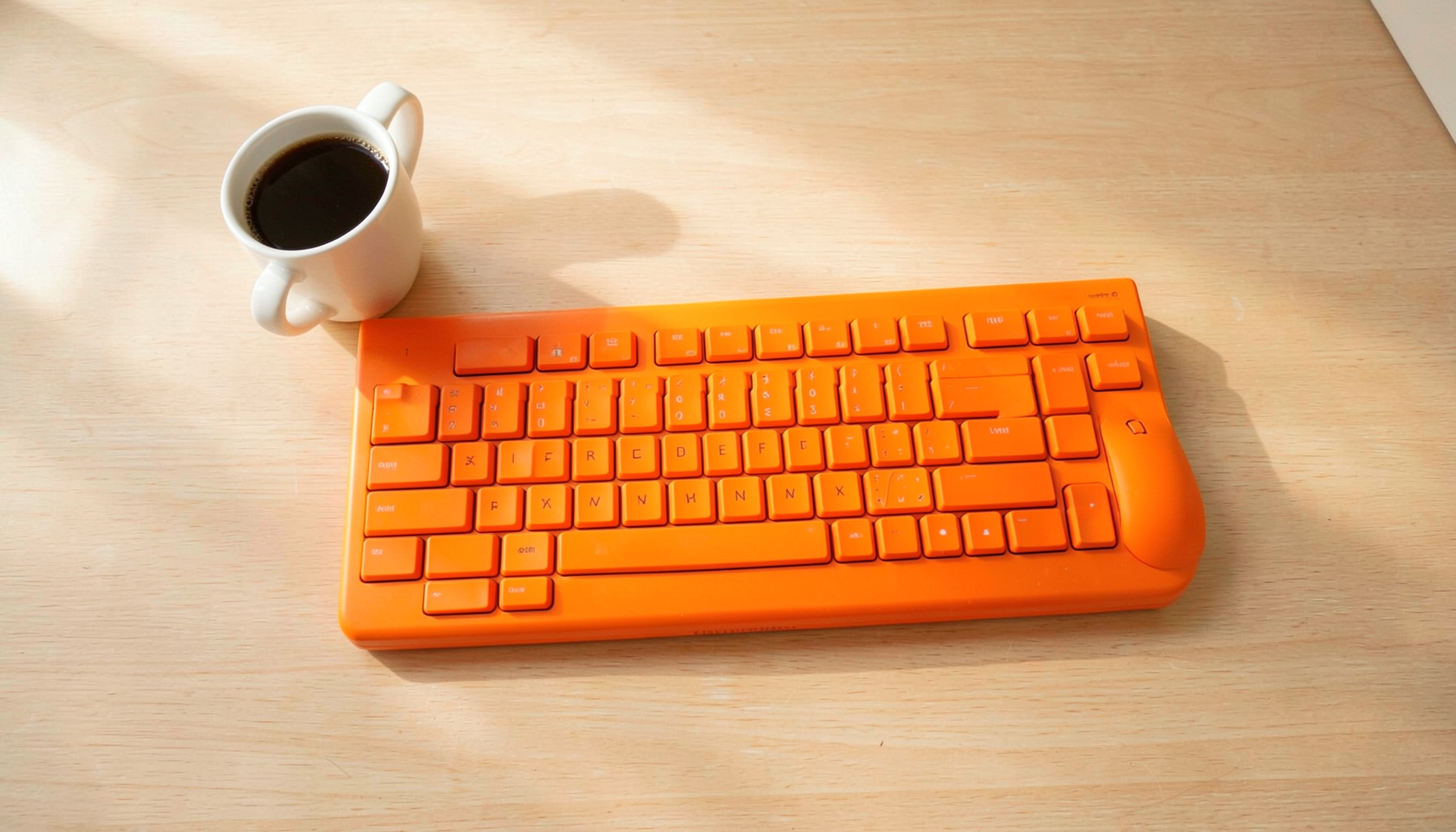 Nahaufnahme einer Computertastatur und Maus auf einem hellen Holzschreibtisch, daneben eine Kaffeetasse, warmes Morgenlicht fällt durch ein Fenster
